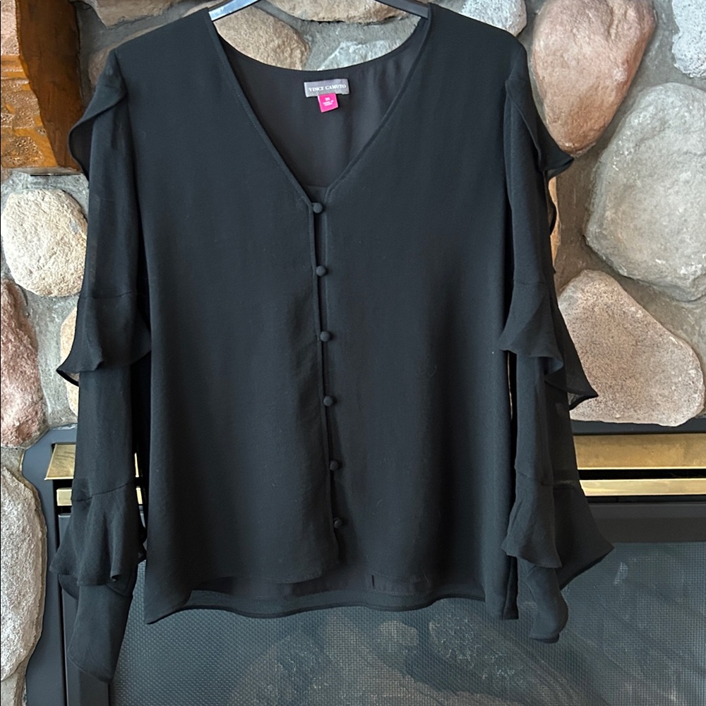 Vince Camuto Chiffon V-Neck Cascading Ruffle Sleeve Button Detail Top, Size XS